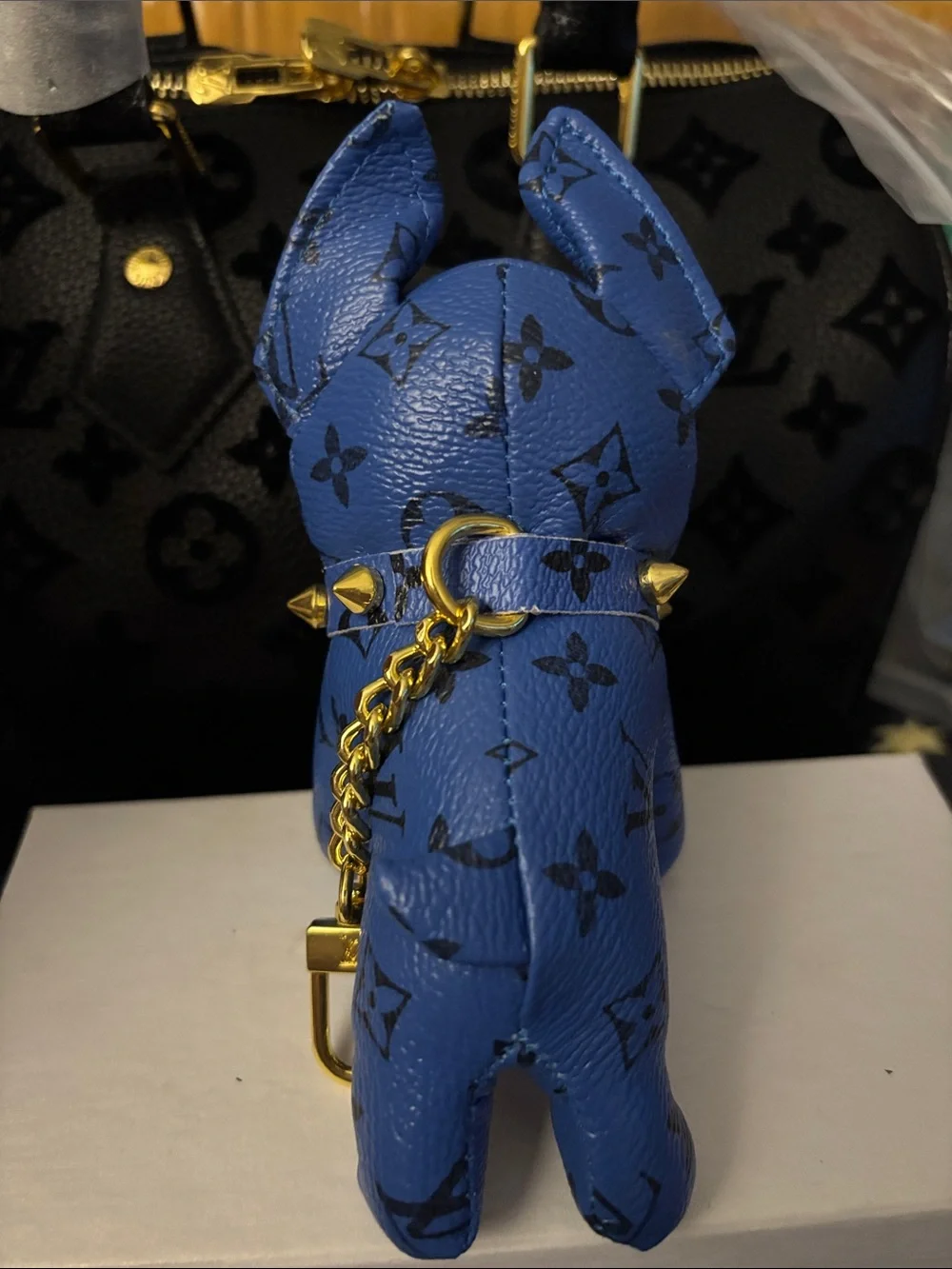 Brand New !  Blue Monogram Leather Dog Bag Charm with Gold Spikes